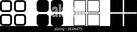 Vier minimalistische Symbole mit quadratischen Rastern mit abgerundeten und scharfen Ecken in einfarbigem Schwarz und dünnem Konturstil für die Benutzeroberfläche. Stock Vektor