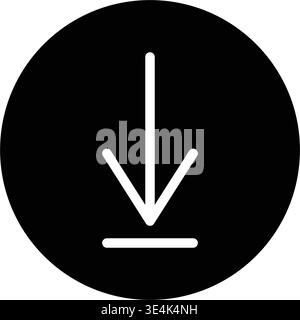 Ein minimalistisches kreisförmiges grafisches Symbol mit einem weißen Pfeil nach unten, der auf eine horizontale Linie zeigt, die eine Aktion zum Herunterladen von Dateien darstellt. Stock Vektor