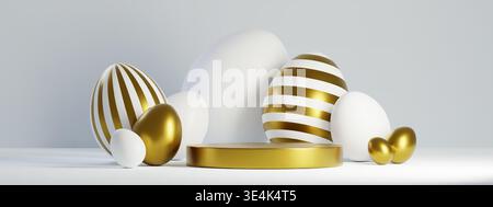Runde goldene Bühne und Ostereier auf weißem Hintergrund. Vektor realistische Illustration der luxuriösen Weihnachtskarte Dekoration, Verkaufspräsentation mit Plattform für Produkt- oder Rabattsymbol, festliches Banner Stock Vektor