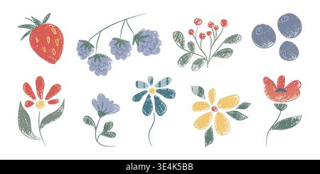 Buntstift-Kritzelblüten und Beeren isoliert auf weiß gesetzt. Vektor-Illustration von netten handgezeichneten Pastellpflanzen, heller Farbe botanisches Design, Garten-, Feld- oder Waldelemente, Grußkarte Dekoration Stock Vektor