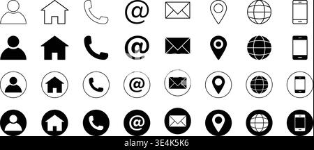 In diesem Set werden verschiedene Kontaktsymbole angezeigt, darunter Benutzerprofil, Privatadresse, Telefon, E-Mail, Standort-PIN, Globus und Mobiltelefonsymbole. Stock Vektor