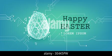Happy Easter Tech Hintergrund für Feiertagsbanner. Vektor-realistische Illustration des futuristischen Neoneis mit abstraktem Schaltungsmuster, geometrischen Formen und Text auf blaugrünem Verlaufshintergrund Stock Vektor