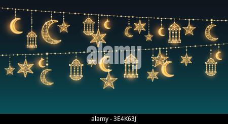 EID Ramadan Lichter Girlande auf dunkelblauem Hintergrund. Vektor realistische Illustration des goldenen Halbmonds, des Sterns, der Laterne Anhänger, die in der Dunkelheit der Nacht glühen, des goldenen Lampen Ornament, des islamischen religiösen Posters Stock Vektor