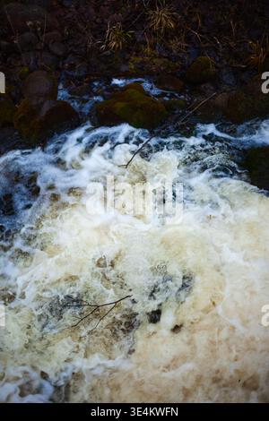 Ein hochwinkliger, vertikaler Schuss eines turbulenten Baches, der über einem kleinen Wasserfall in einen weißen, sprudelnden Schaum bricht. Die dunklen, moosbedeckten Felsen und die U-Bahn Stockfoto