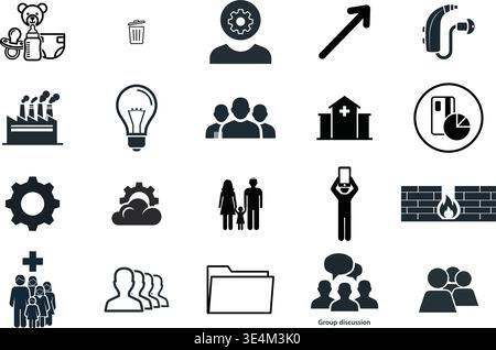 Solides Symbol-Set für Unternehmen, Familien- und Technologiekonzepte im Gesundheitswesen. Stock Vektor