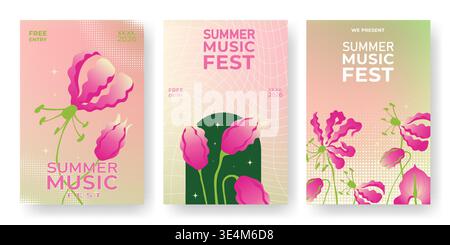 Musik fest Poster mit leuchtendem Farbverlauf, Wellen und abstraktem Blumendesign, Vektorillustrationen. Vorlage für Konzertflyer, Electro Club Events und Festival Promotions. Stock Vektor