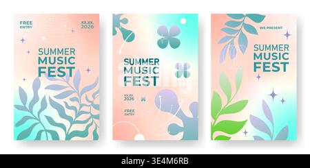 Musik fest Poster mit leuchtendem Farbverlauf, Wellen und abstraktem Blumendesign, Vektorillustrationen. Vorlage für Konzertflyer, Electro Club Events und Festival Promotions. Stock Vektor