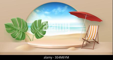 Sommer-Strandbanner mit runder Plattform auf beigefarbenem Hintergrund. Vektor-realistische Illustration von Stuhl und rotem Schirm, blauem Himmel, Meerwasser und gelbem Sand, leere Plattform für Resortpräsentation Stock Vektor