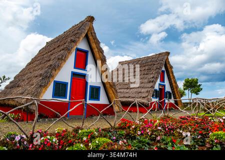 Traditionelle Hüttenhäuser und Garten von Madeira im Dorf Santana. Sonniger Tag in Portugal, Touristenziel Stockfoto