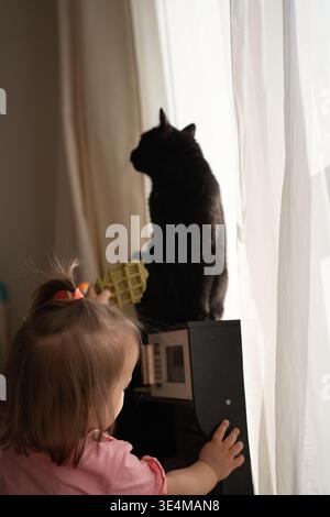 Sonnendurchfluteter intimer Moment: Ein Kleinkind in Rosa reicht bis zu einer schwarzen Katze, die auf einer Fensterbank neben weißen Vorhängen in warmem Beige sitzt Stockfoto