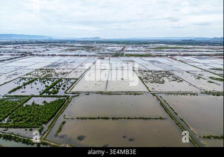 Luftaufnahme der Landschaft mit Salzfeldern an der Mündung des Preaek Tuek Chhu (Kampot-Fluss) in der Provinz Kampot an der Südküste Kambodschas Stockfoto