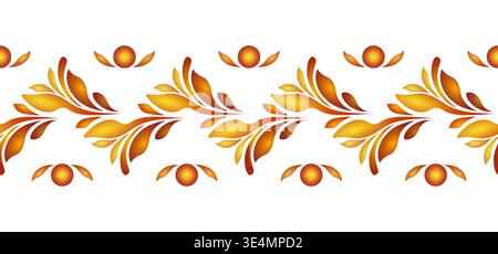 Orangefarbenes Blattdesign mit nahtlosem Rand auf weißem Hintergrund. Folk Blume Vektor Illustration. Ethnische Paisley-Ornamente. Helles, sonniges Herbstdesign. Fantas Stock Vektor
