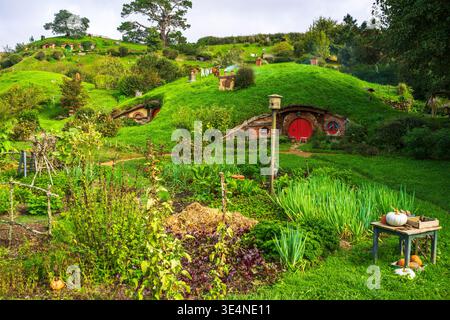 Häuser und Garten im Auenland, Hobbiton Movie Set, Matamata, Waikato, Nordinsel, Neuseeland Stockfoto