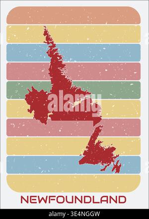 Vintage-Logo von Neufundland, Kanada. Form der Provinz auf Retro-farbigem Streifenhintergrund. Stock Vektor