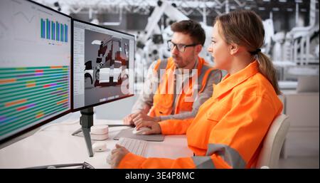 Automobilingenieur, Der In Der Fabrik Am Computer Arbeitet, Um Ein Innovatives Fahrzeugmodell Zu Entwickeln Stockfoto