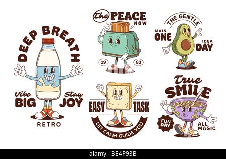 Frühstück funky groovige Charaktere Aufkleber und T-Shirt-Prints, Morning Food Vector Maskottchen. Zeichentrickfilm funky Milchflasche, Toastbrot und Avocadofiguren. Retro-Aufkleber mit groovigem Müslischüssel und Toaster Stock Vektor