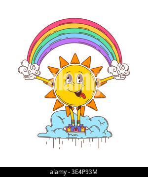 Der coole Hippie-Sonnencharakter hält einen farbenfrohen Regenbogen über regnerischen Wolken am Himmel. Vector Retro y2k funky Sun Personage mit einem verspielten Lächeln schafft eine lebendige, fröhliche Szene voller sonniger Energie Stock Vektor