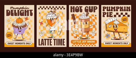 Süßigkeiten, Bäckerei und Dessertfiguren y2k groovige Hippie-Poster. Funky Cupcake mit Kürbis, Latte Glas mit Schlagsahne, Papier Kaffeetasse und Kürbiskuchenscheibe. Retro-Vektor-Poster für Café Stock Vektor