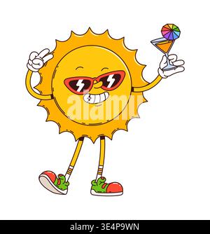 Comic lustige groovige Sonnenvektorfigur mit lächelndem Gesicht, Sonnenbrille mit Blitzschlägen, Cocktailglas mit Regenschirm, in Sneakers und Sommer-Hippie y2k Retro-Vibe Stock Vektor