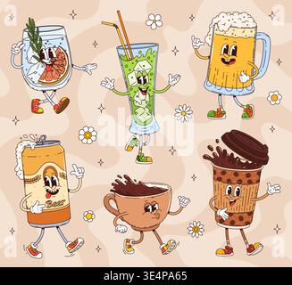 Trink und Getränke groovige Hippie-Charaktere mit lustigen Gesichtern, Comic-Vektor. Grooviges Kaffeetasse mit Tee- und Bierbecher mit trippigem Lächeln, fröhlichem Mojito-Cocktail und Saft oder Wasserglas Stock Vektor