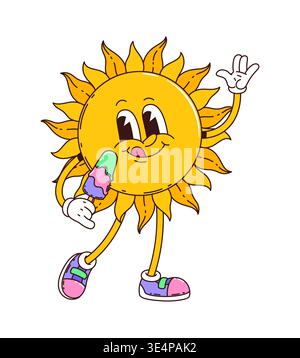 Lustiger, grooviger Sonnencharakter, der schmelzendes Eis hält. Die sonnige Gestalt des Cartoon-Vektor-Hippies mit hellen Strahlen, fröhlichem Gesicht, Vintage-Sneakers und verspielter Pose sorgt für eine süße, warme y2k-Retro-Atmosphäre im Sommer Stock Vektor