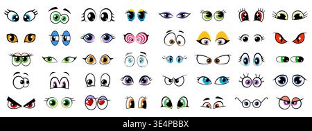 Cartoon-Charakteraugen stellen Ausdrucksformen verschiedener Emotionen dar. Süßes, lustiges, fröhliches, wütendes und trauriges Augen-Vektor-Emoji mit Retro-Googly-Augäpfeln und komischen Augenbrauen. Emoticons für Gesichtsausdruck gesetzt Stock Vektor