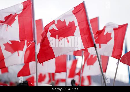 Toronto, Kanada. März 2026. Kanadische Flaggen während des Internationalen Freundschaftsspiels zwischen Kanada und Island bei BMO. Am 28. März 2026 in Toronto, Ontario. (Foto: Leonardo Ramirez/ Credit: Eyepix Group/Alamy Live News Stockfoto