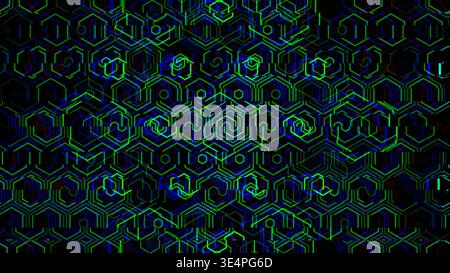 Dieses digitale Bildmaterial verfügt über eine Anordnung geometrischer Formen. Die hellen Grün- und Blautöne sorgen für eine visuelle Tiefe. Die Formen sind in einem Repet angeordnet Stockfoto