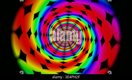 Ein dynamisches abstraktes Design besteht aus einer Regenbogenspirale, die einen Tunnel oder Wirbel bildet. Leuchtende Rot-, Orange-, Gelb-, Grün- und Blautöne verschmelzen. Schwarze Geometrien Stockfoto