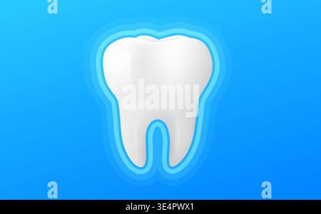 Heller weißer Zahn mit blauem Glanz auf blauem Hintergrund, symbolisiert Zahngesundheit und Schutz. Vektorabbildung. Stock Vektor