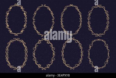 Eine Kollektion eleganter goldener Barock-Ellipsenrahmen mit Vintage-Blumenornamenten auf dunkelblauem Hintergrund. Stock Vektor