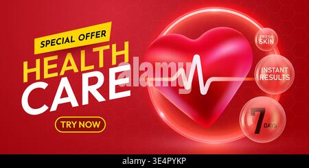 Sonderangebot Healthcare Banner mit Heartbeat und Wellness Promotion. Eine moderne Illustration für medizinische und gesundheitliche Kampagnen. Vektorabbildung. Stock Vektor