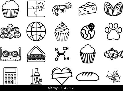 Mixed Food Seafood Science Und Abstrakte Linie Symbolsatz. Stock Vektor