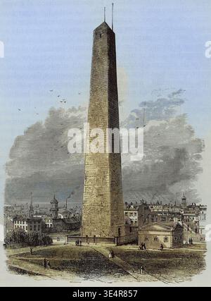 Boston, Massachusetts, Usa. Bunker Hill Monument. 1843 eingeweiht, wurde es an der Stelle der Schlacht von Bunker Hill (17. Juni 1775) errichtet. Stich aus dem 19. Jahrhundert. Farbig. Stockfoto