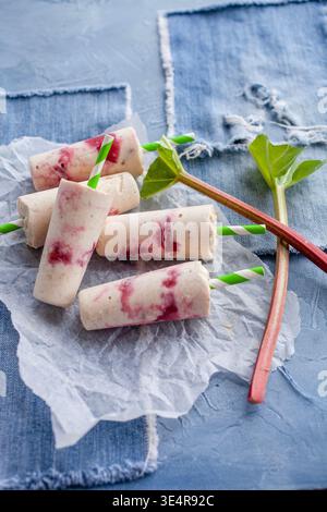 Hausgemachte cremige Stierkolben mit roten Beeren- und Rhabarberwirbeln auf Pergamentpapier über Denim-Stoff. Der frische Rhabarber stielt und strukturiert blau Stockfoto