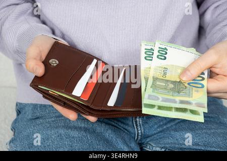Ledergeldbörse mit Kredit- und Debitkarten aus Kunststoff und Bargeld. Stockfoto