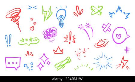 Comic-Effekt-Hervorhebungssymbole, Vektorlinien-Symbole isoliert auf weiß. Sprechblase, funkelnde Sterne, Glühbirne und dynamische Bewegungsringe, von Emotionen gezeichnete Pinselstriche, grafische Elemente im Anime-Stil Stock Vektor