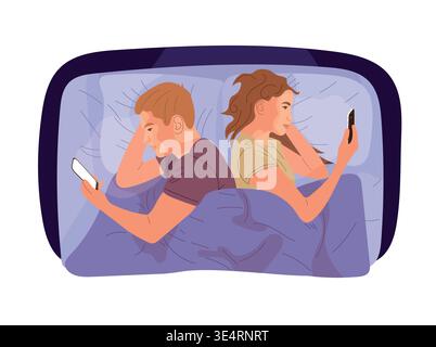 Ein Paar, das sich vor dem Schlafengehen im Bett mit Smartphones zurückliegend, ein Konzept für Beziehungsprobleme und digitale sucht. Illustration des flachen Vektors Stock Vektor