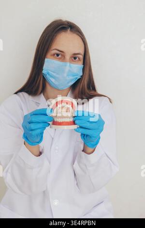 Zahnärztin, die ein anatomisches Kiefermodell mit geraden Zähnen vor ihr hält Stockfoto