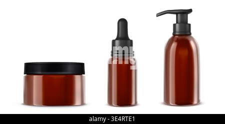 Realistische kosmetische Flaschen Modell mit Pumpspender, Vektor-Set isoliert auf weißem Hintergrund. Brauner Serumbehälter mit Tropfer und Cremebehälter mit schwarzem Verschluss, Verpackungsdesign für Hautpflegeprodukte. Stock Vektor