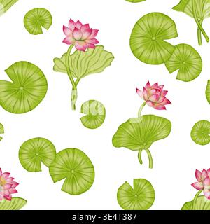 Nahtloses Lotusmuster. Eine Illustration einer rosafarbenen Seerose, handgemalt. Ideal für Textilien, Tapeten, romantische Einrichtung, Kosmetik und Medizin Stockfoto