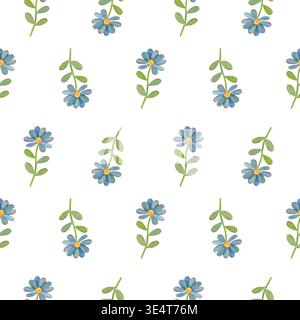 Handgemaltes Aquarellmuster mit zarten flachen blauen Blumen isoliert auf weißem Hintergrund. Minimales, vielseitiges Design, ideal für Textilien und Schreibwaren Stockfoto