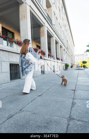 Die Stadt mit einer modischen Frau, die ihren Hund auf dem Bürgersteig begleitet. Elegantes Outfit, Rückansicht, urbaner Lifestyle und Tierpflege. Frau geht mit ihrem süßen p Stockfoto