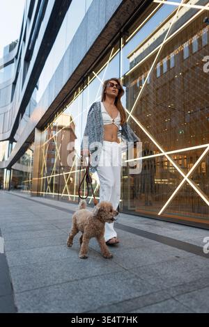 Schicke Frau mit Sonnenbrille und Pudelhund auf einem Bürgersteig. Moderner Design-Hintergrund, Lifestyle, Haustierwandern, warmes Wetter. Stilvolle junge Frau Stockfoto