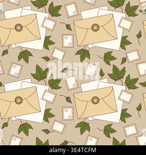 Nahtloses Muster Für Vintage-Post. Bastelt Briefumschläge mit Wachsversiegelung, Briefmarken und grünen Blättern auf beigem Hintergrund. Hygge und Slow-Life-Ästhetik. Vect Stock Vektor