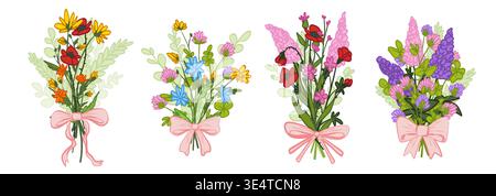 Frühling wilde Blumen Blumenstrauß, natürliche Vektorillustration isoliert auf weißem Hintergrund. Wildblumen-Set mit rotem Mohn, farbigen Gänseblümchen und lila Bündeln, Sommerwiesen-Muster, romantisches botanisches Design Stock Vektor