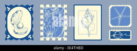Vintage Sommer Strand Stempel, handgezeichnete Küstenplakate, Set Vektor Illustrationen. Tropisches Reiseabzeichen im Retro-Stil, Vintage-Postkarten mit Muscheln, Seesterne mit minimalistischen Borten, Skizzenaufkleber Stock Vektor