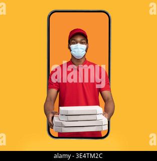 Afrikanischer Kurier auf Telefonbildschirm mit Pizzakartons, gelber Hintergrund Stockfoto