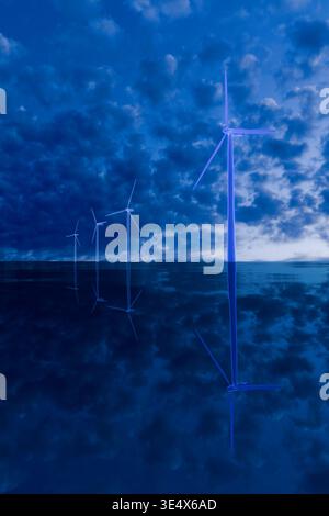 3D-Windenergieanlagen auf dem Ozean in der Abenddämmerung Stockfoto