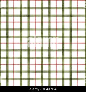 Olivrotes Tartan-Gitter Auf Weiß. Dünne rote Akzente Fügen Sie festliche Retro-Energie mit knackiger bedruckter Oberfläche hinzu vielseitiges Muster für Schreibwarendesigner Erstellen von Weihnachtskarten, Geschenkverpackung, handgezeichnetem Aquarellmuster. Stockfoto